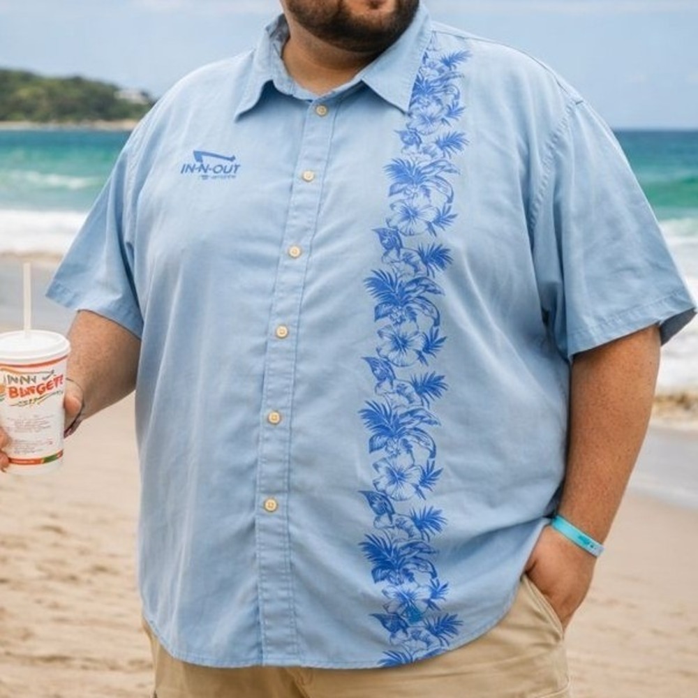 In-N-Out Burger Shirt Mens 3XL Blue Hawaiian SoCal Palm Floral Modal Camp Resort